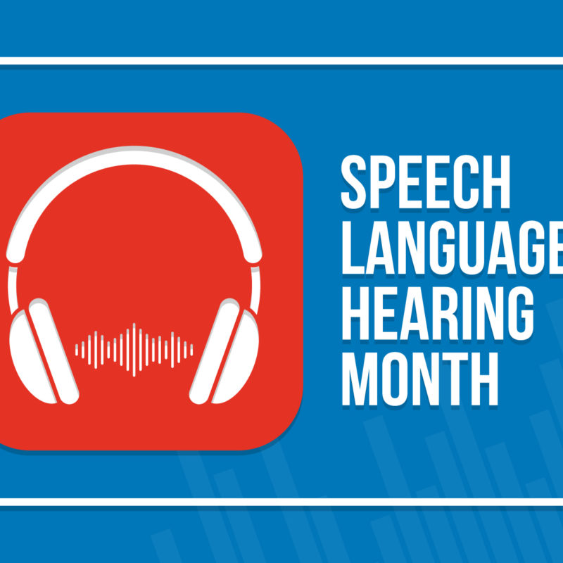 White headphones icon on red background with Speech Language Hearing text in white on light blue background