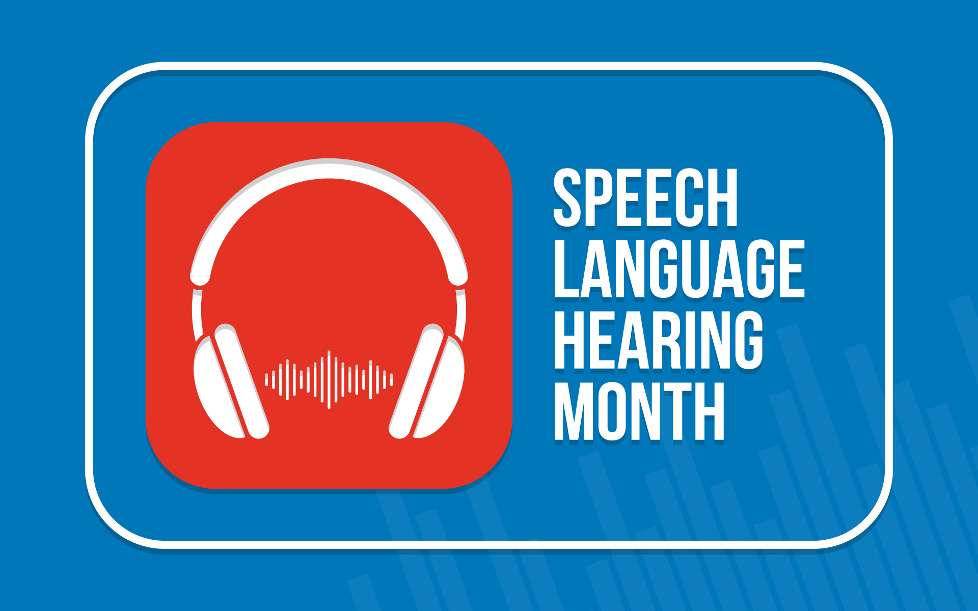 White headphones icon on red background with Speech Language Hearing text in white on light blue background