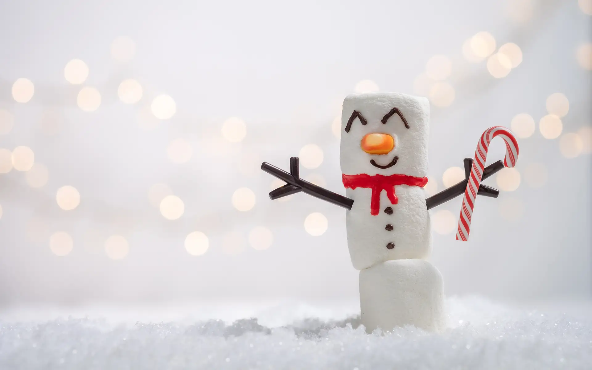 A small snowman made of marshmallows holding a candy cane in front of a blurred background of twinkling lights