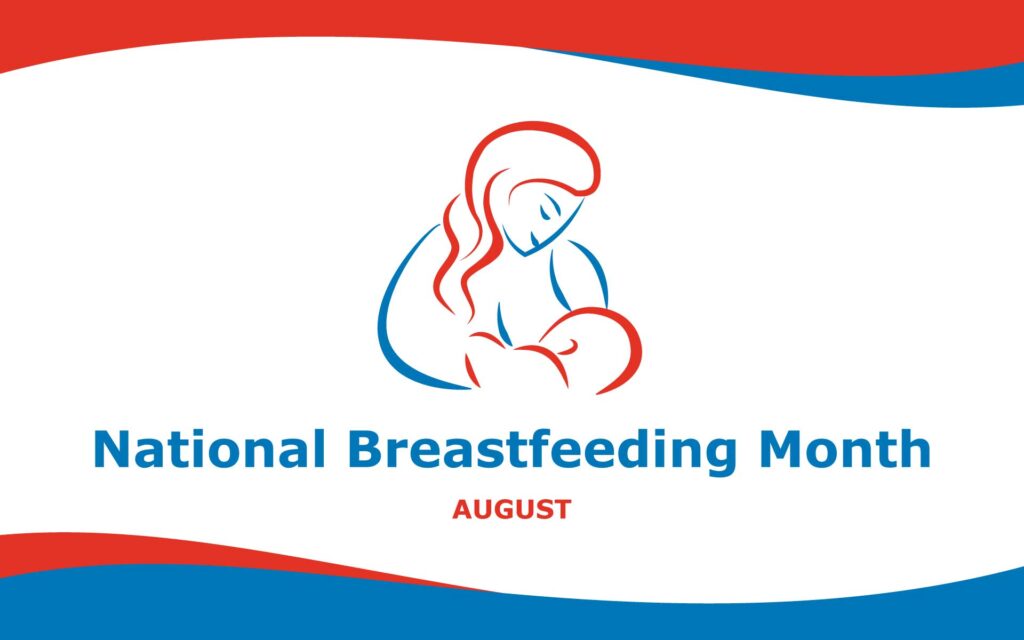 A blue, orange, and white logo with an outline drawing of a breastfeeding mom and infant with the text National Breastfeeding Month August below